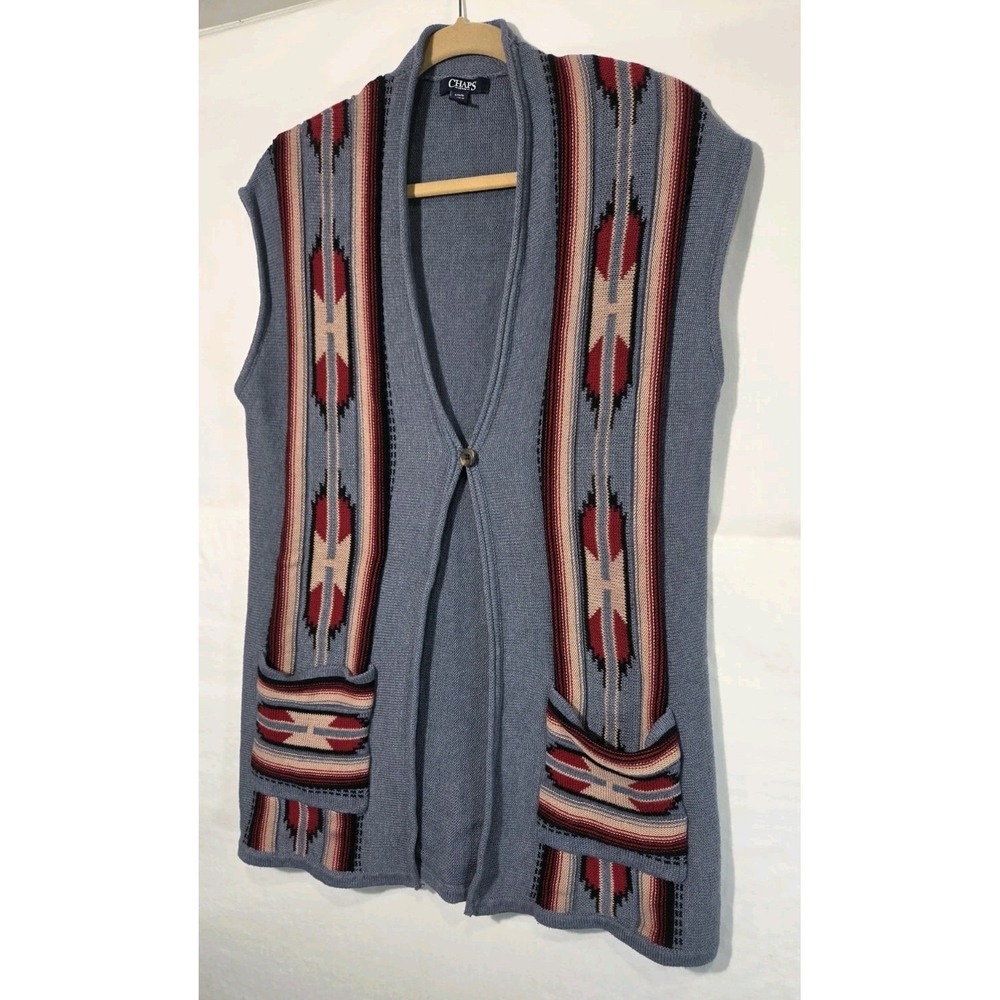Chaps Ralph Lauren Sleeveless Cardigan Duster Vest Blue Open Front Aztec Geo LRG
